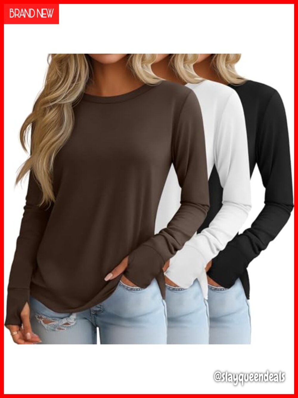 Women's Long Sleeve Cotton Shirts with Thumb Holes 3 Pack